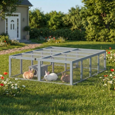 PawHut Recinto para coelhos em madeira com 2 portas Casa de abrigo para 2-4 coelhos-anões 180,4 x 150 x 48 cm Cinza