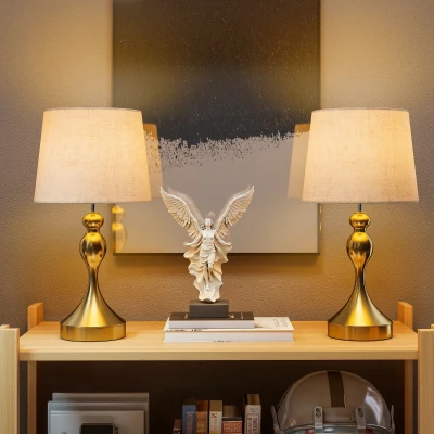 HOMCOM Modern Table Lamps Set with USB Ports, Linen Shade Gold