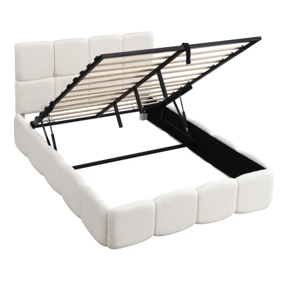 Plush Boucle Bed with Hydraulic Storage and Raised Headboard, 204.5L x 142W x 100.5H cm, Beige