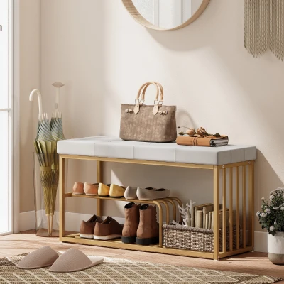 HOMCOM Tufted Shoe Storage Bench Velvet Seat Grey