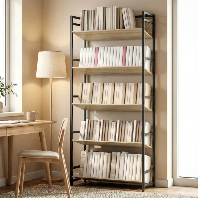 HOMCOM 5-Tier Metal Bookshelf Storage Oak
