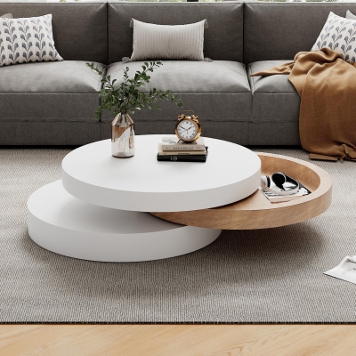 Round Coffee Table with Rotating Hidden Storage Sections, 60L x 60W x 35H cm, White+Wood