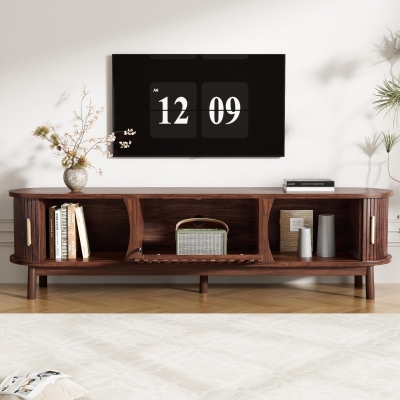 Retro MDF TV Stand with Sliding Wood-Slat Doors, 165L x 39.5W x 46H cm, Dark Oak