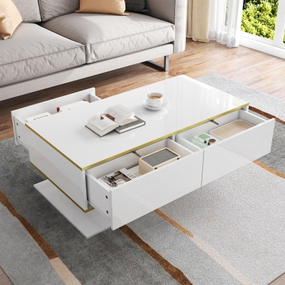 Modern LED Coffee Table with High-Gloss Finish and Gold Accents,100L x 50W x 40H cm, White