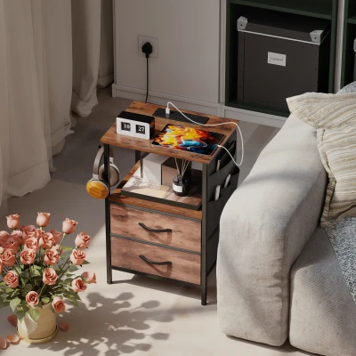 HOMCOM Bedside Table with Charging Station Rustic Brown