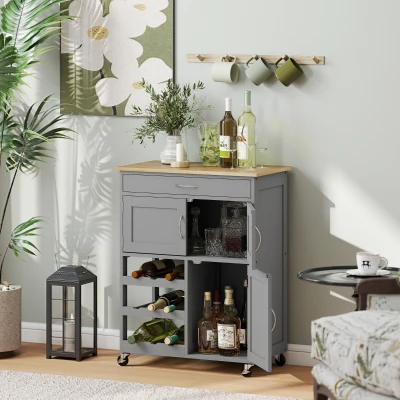 HOMCOM Kitchen Trolley Wooden Top Wine Rack Grey