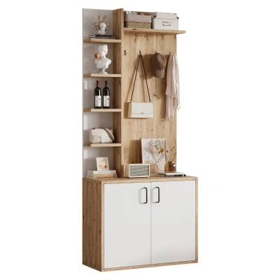 Hall Tree Coat Rack with Shoe Cabinet and 5 Open Shelves, 75L x 33W x 180H cm, White+Oak