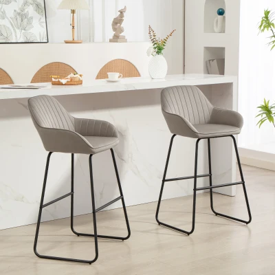 HOMCOM Bar Stools Set of 2, Velvet Upholstered Breakfast Barstools with Footrest and Armrest, Kitchen High Stools with Metal Legs for Home Bar, Kitchen Islands, Grey