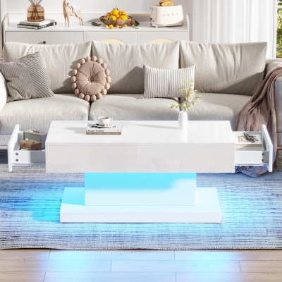 T-shaped Coffee Table with 2 Drawers and App-Controlled LED Strip, 100L x 50W x 45H cm, White