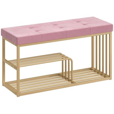 HOMCOM Tufted Shoe Storage Bench Velvet Seat Gold Frame Pink