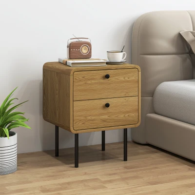 HOMCOM Bedside Table 2 Drawers Steel Legs Oak