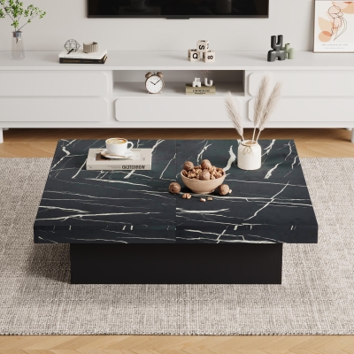 Modern Square Coffee Table with Sliding Top and 4 Built-In Drawers, 90L x 90W x 25H cm, Black