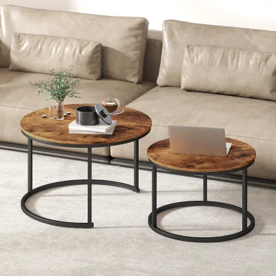 HOMCOM Round Nesting Coffee Tables Metal Frame Rustic Brown