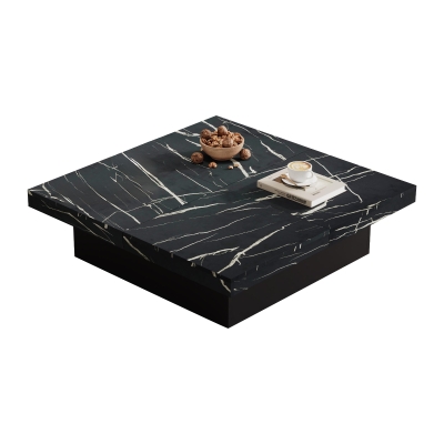 Modern Square Coffee Table with Sliding Top and 4 Built-In Drawers, 90L x 90W x 25H cm, Black