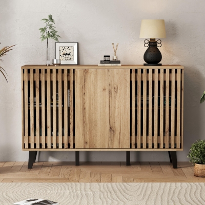 Modern Vintage Sideboard with Openwork Wooden and Panel Doors, 150L x 40W x 95H cm, Wood