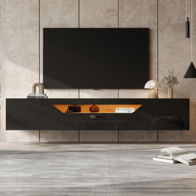 Floating TV Stand with App-Controlled LED Strip and Pull-Down Door, 180L x 37W x 36H cm, Black