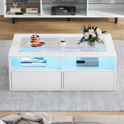 Smart Coffee Table with App-Controlled LED, USB Port and Glass Top, 100L x 50W x 35H cm, White