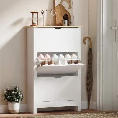 HOMCOM Mueble Zapatero Blanco Armario Zapatero Alto con 3 Cajones Abatibles para 18 Pares de Zapatos 72x26x112 cm Blanco