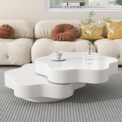 Flower-Shaped Coffee Table with 2 Shelves and Double-Tier Design, 75L x 67.5W x 31H cm, White