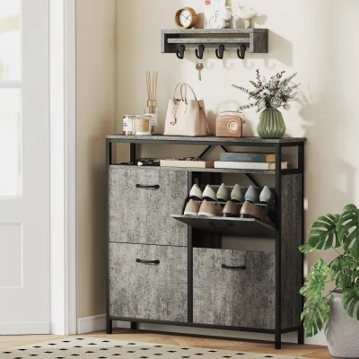 HOMCOM Shoe Cabinet 4 Flip Drawers Open Shelf Cement Grey