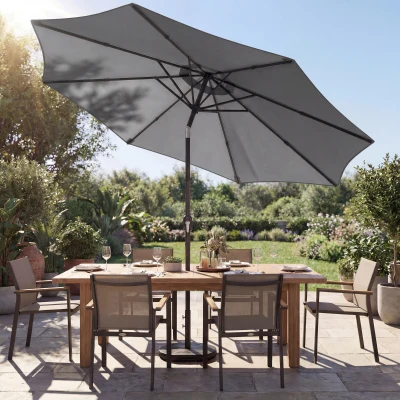 Outsunny 2.7 m Garden Parasol Umbrella with Cross Base and Sandbag, Retractable Ribs, Outdoor Table Market Umbrella, Light Grey