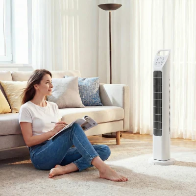 HOMCOM Ventilator turn cu telecomandă, temporizator 7,5 ore, ventilator silențios pentru dormitor, Alb