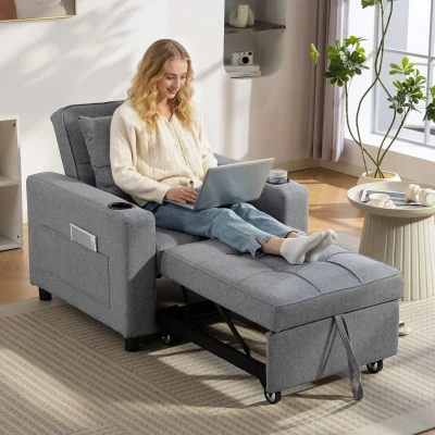 HOMCOM Convertible Sleeper Chair Single Sofa Bed Dark Grey