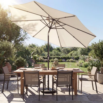 Outsunny 2.7 m Garden Parasol Umbrella with Cross Base and Sandbag, Retractable Ribs, Outdoor Table Market Umbrella, Cream White