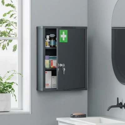kleankin Medicijnkast voor wandmontage met slot, 3-niveaus stalen hangkast, 40 x 15 x 53,5 cm, Antracietgrijs