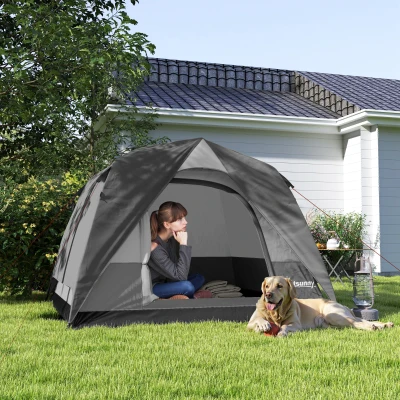 Outsunny 3-4 Person Camping Tent, Easy Set Up 3-4 Man Tent w/ Sewn-in Groundsheet, Waterproof Dome Tent w/ Mesh Windows, Grey