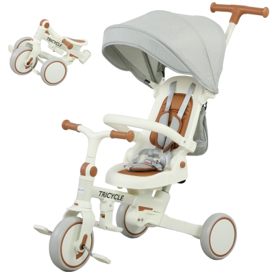 AIYAPLAY Tricycle Enfant 5 en 1 avec Poignée et Capote Blanc