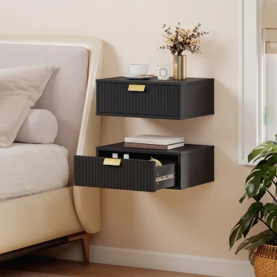 HOMCOM Modern Floating Nightstands Set of 2, Wall Mounted Bedside Tables with Wave Drawer Black