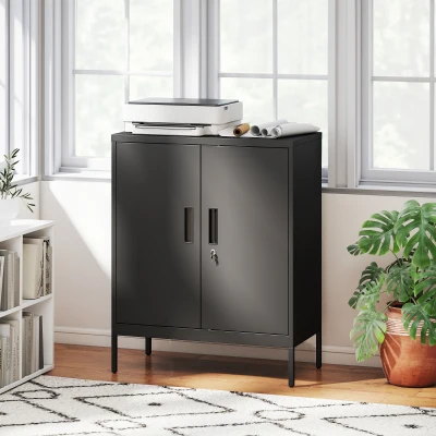 HOMCOM Metal Storage Cabinet Lock Adjustable Shelves Black