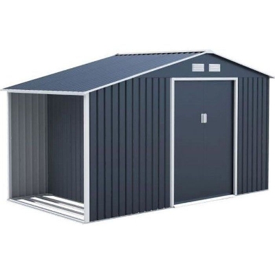 Abri de jardin en métal et abri bûches 6,53 m² - 342 x 191 x 202 cm - SOLIS - Kit d'ancrage inclus, 2 portes coulissantes - Gris