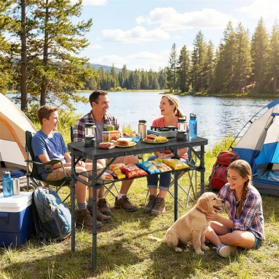 Outsunny Folding Camping Table with Storage, Metal Frame, Black