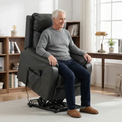 HOMCOM Fotoliu cu ridicare și relaxare pentru seniori, fotoliu electric cu lift din piele ecologică cu dublu motor, perne cu arc, Negru