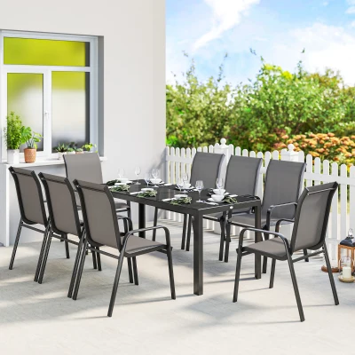 Outsunny 9-Piece Garden Dining Set, Glass Table, Dark Grey
