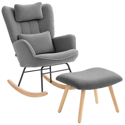 HOMCOM Rocking Chair with Footstool, Sherpa Fleece Armchair with Wooden Legs and Pillow, High Backrest Lounge Chair for Adults, Nursery, Living Room, Bedroom, Charcoal Grey