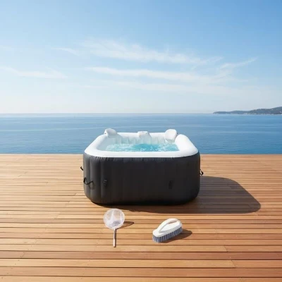 KIT TOUT INCLUS SUNSPA: spa gonflable carré 4 places et accessoires : 2 appuis tetes, filtre, épuisette, brosse, tapis, couverture
