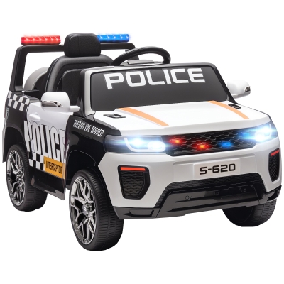 AIYAPLAY Carro Elétrico para Crianças de Polícia 12V com Motor Duplo Suspensão em 4 Rodas Sirene Faróis LED Porta USB Bluetooth e Música Branco