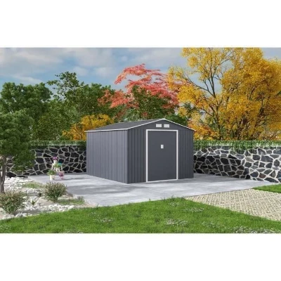 Abri de jardin en métal 8,84 m² - 277 x 319 x 202 cm - URANUS - Kit d'ancrage inclus, 2 portes coulissantes - Gris