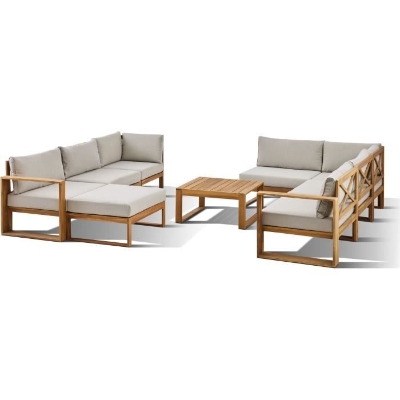 Salon de jardin d'angle modulable LEVATA XXL - Bois d'acacia FSC - 9 personnes - Gris de lin + Housse incluse