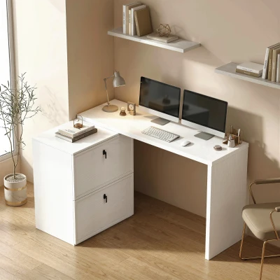 HOMCOM Reversibler Schreibtisch in L‑Form mit 2 Hängeregistratur‑Schubladen Modernes Design für Kleine Räume Homeoffice Weiß