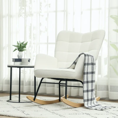 HOMCOM Schaukelstuhl in Vliesoptik mit Armlehnen, Ergonomischer Sessel mit Holzkufen, für Wohnzimmer, Schlafzimmer, Weiß