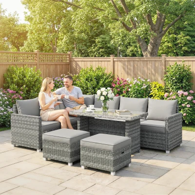 Outsunny 6-Seater Rattan Sofa Set with Table, Grey
