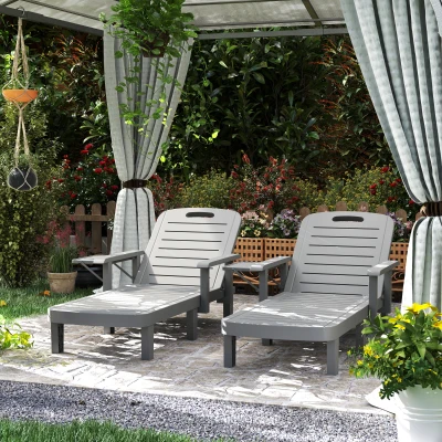 Outsunny Sonnenliege Gartenliege mit Seitentisch Holzoptik Liegestuhl mit 5-Fach verstellbare Rückenlehne Dunkelgrau