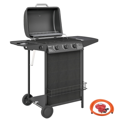 Outsunny Portable Gas BBQ Grill 3+1 Burner with Wheels Black