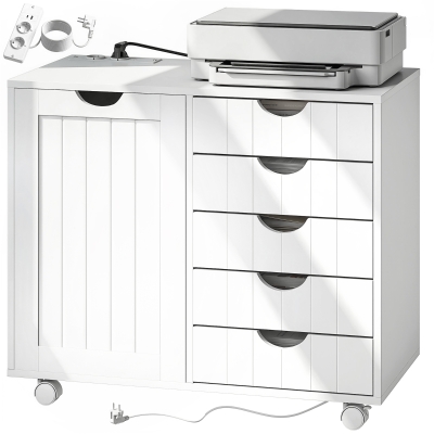 HOMCOM Meuble Imprimante 5 Tiroirs USB Roulettes Étagère Blanc