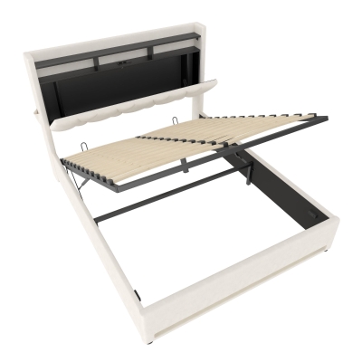 Lit rembourré avec tête de lit LED et coffre de rangement, Beige