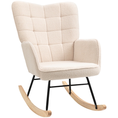 HOMCOM Silla Mecedora de Borreguito Sillón Balancín Oscilante 40° con Patas de Madera de Haya Carga 120 kg 71x98x101 cm Beige